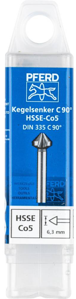 Verpackung eines Kegelsenkers von 'PFERD', Modell 'HSSE-Co5', DIN 335 C 90°, Durchmesser 6,3 mm, geeignet für Metallbearbeitung.