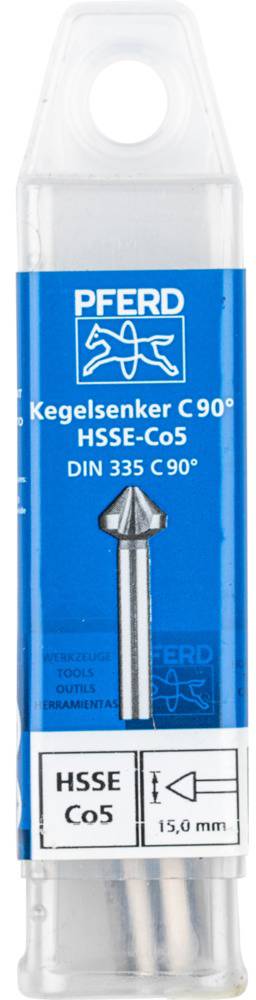 Eine Verpackung zeigt einen Kegelsenker von 'PFERD', Typ 'HSS-E C05', mit einem Senkwinkel von 90° und einem Durchmesser von 15,0 mm.