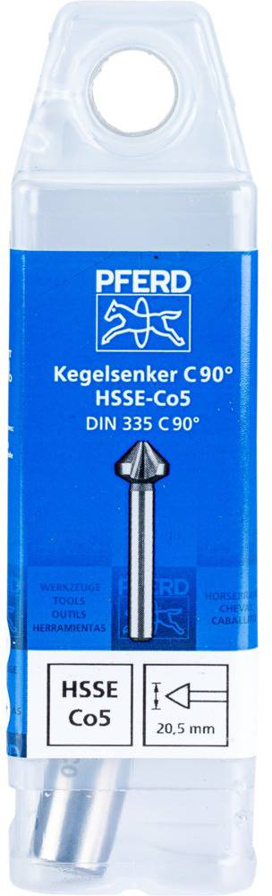 Verpackung eines Kegelsenkers C 90° von PFERD. HSSE-Co5, Durchmesser 20,5 mm mit DIN 335 C 90° Norm.