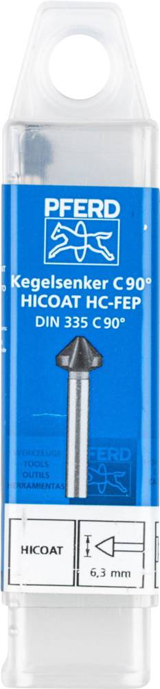Verpackung eines Kegelsenkers mit 90°-Winkel, HICOAT HC-FEP, DIN 335 C 90°, Marke 'PFERD'. Abbildung des Werkzeugs und Maße: 6,3 mm.