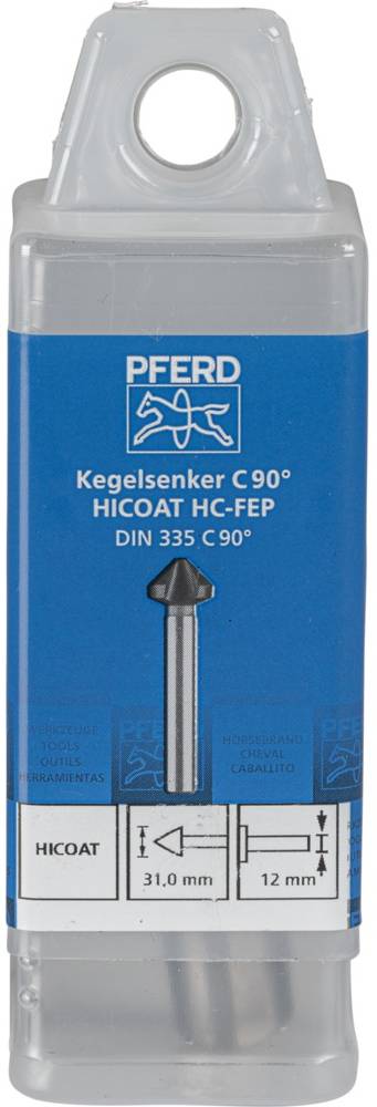 'PFERD Kegelsenker C90°, HICOAT HC-FEP, DIN 335 C 90°.' Verpackung zeigt Produkt mit Durchmesser 31,0 mm und Länge 12 mm.