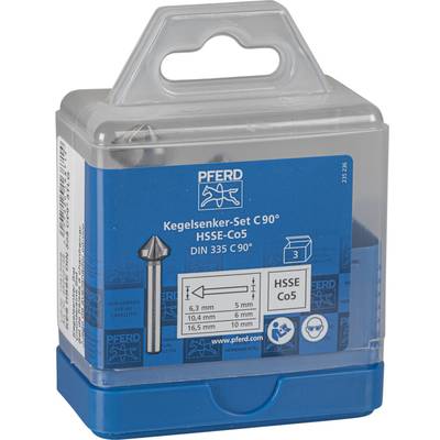 'Kegelsenker-Set C90° HSSE-Co5' von PFERD, enthält drei Bohrer unterschiedlicher Größe, verpackt in einer blauen Kunststoffbox.