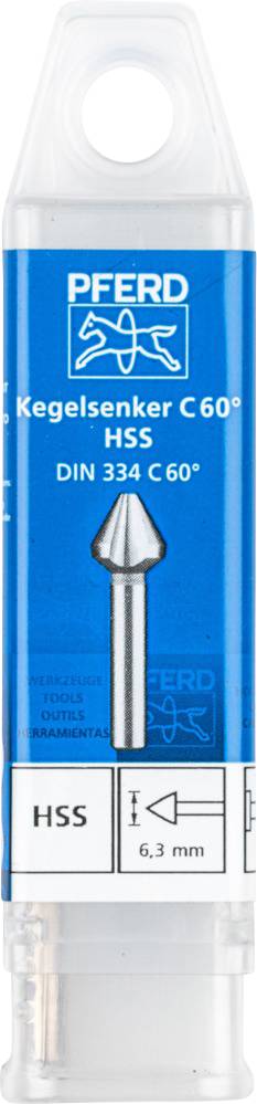 Blauer Verpackungsbehälter mit Kegelsenker C60° HSS, DIN 334 C60°, 6,3 mm, von der Marke Pferd abgebildet.