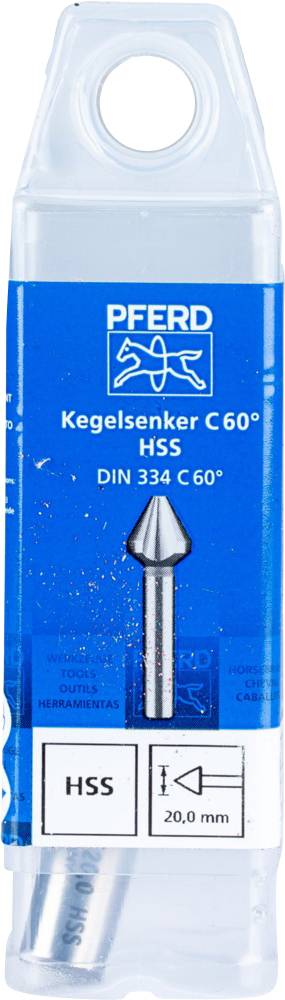 Der Kegelsenker der Marke PFERD mit einem 60° Winkel, HSS Material, DIN 334 C, und einem Durchmesser von 20,0 mm in einer blauen Verpackung.