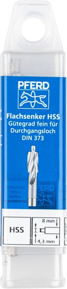 Verpackung für 'PFERD Flachsenker HSS', geeignet für Durchgangsloch DIN 373. Durchmesser: 8 mm, Schneidlänge: 4,3 mm.