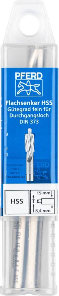 Verpackung mit Flachsenker aus HSS für Durchgangsloch, Marke PFERD. Maße: 15 mm Länge, 8,4 mm Durchmesser.