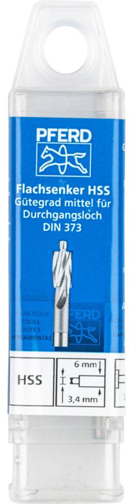 'PFERD Flachsenker HSS', geeignet für Durchgangsloch DIN 373, Größe 6 mm Außendurchmesser, 3.4 mm Innendurchmesser.