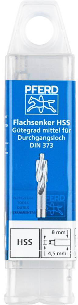 Bohrer-Verpackung mit Aufschrift: 'Flachsenker HSS, Gütegrad mittel für Durchgangsloch, DIN 373'. Bohrer-Durchmesser 8 mm.