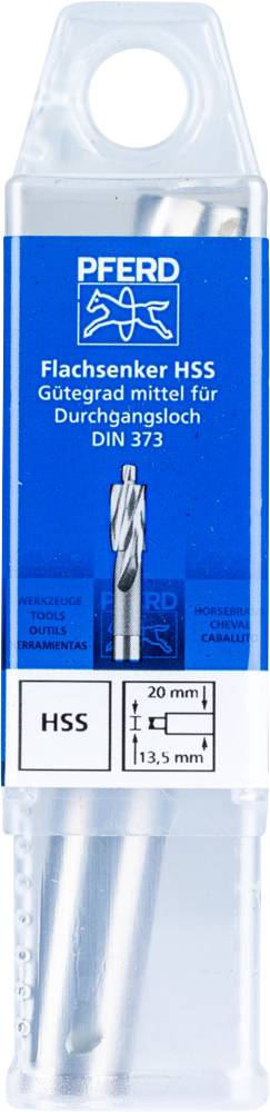 Plastikverpackung mit einem Flachsenker. Beschriftung: 'PFERD Flachsenker HSS, für Durchgangsloch, DIN 373, HSS, 20 mm, 13,5 mm'.