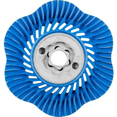 Ein blauer Schleifteller mit einem blütenähnlichen Muster und einem metallenen Befestigungsring in der Mitte.