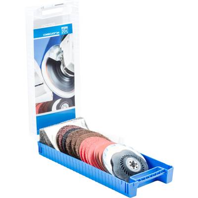 Abrasivscheiben-Set in einer blauen Kunststoffbox. Enthält Schleifscheiben in verschiedenen Körnungen, geeignet für Oberflächenbehandlungen.