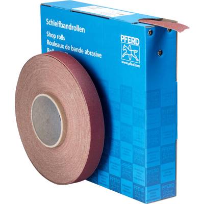 Eine Rolle Schleifband vor einer blauen Verpackung mit der Aufschrift 'Schleifbandrollen'.