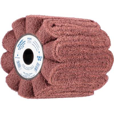 Ein rotbrauner Schleifvliesschwamm in Rollenform mit einer blauen Etikettenscheibe in der Mitte.