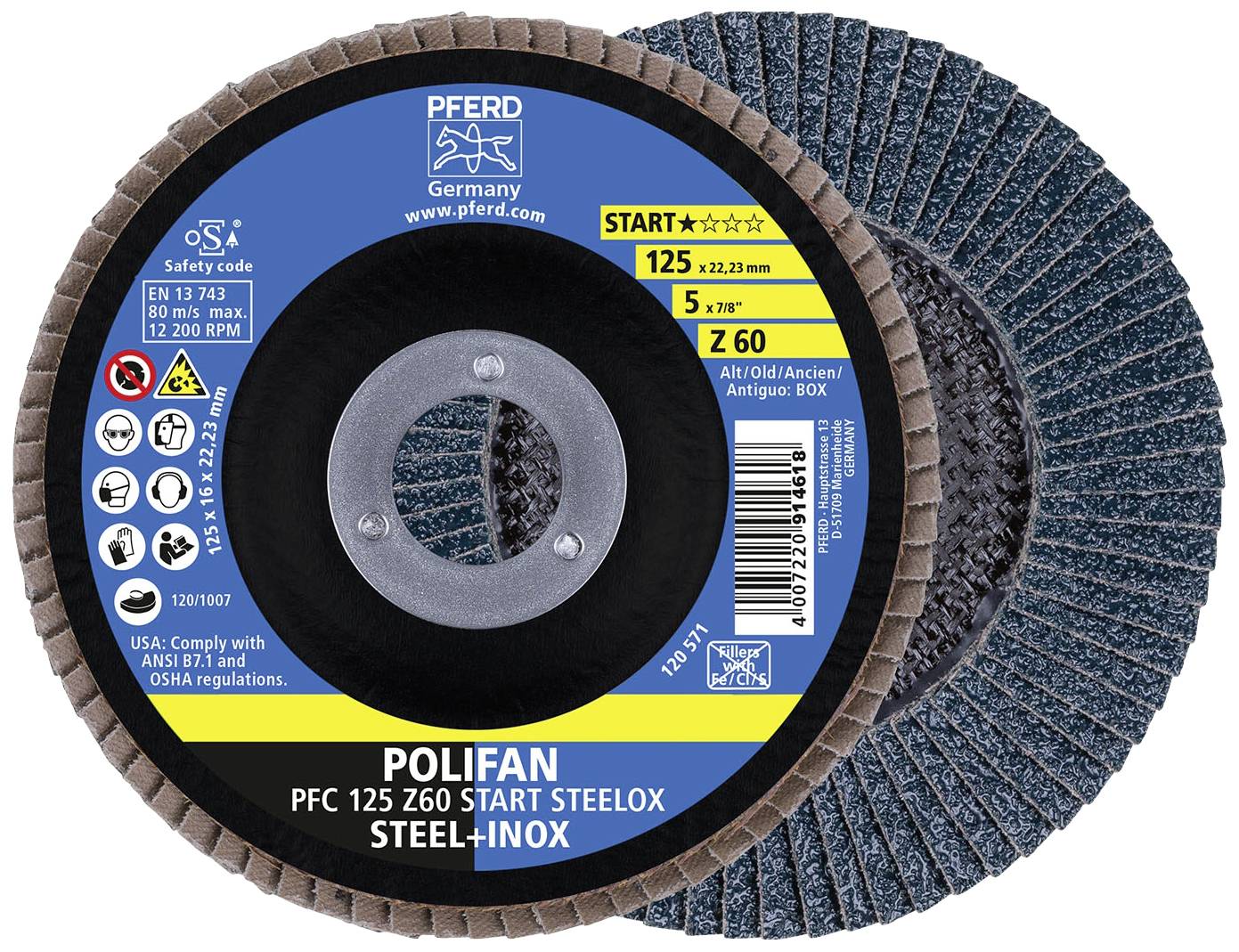 'Schleifscheibe PFERD POLIFAN' mit blauer Etikette, technischen Spezifikationen und Zertifizierungen für Stahl-Inox-Bearbeitung.