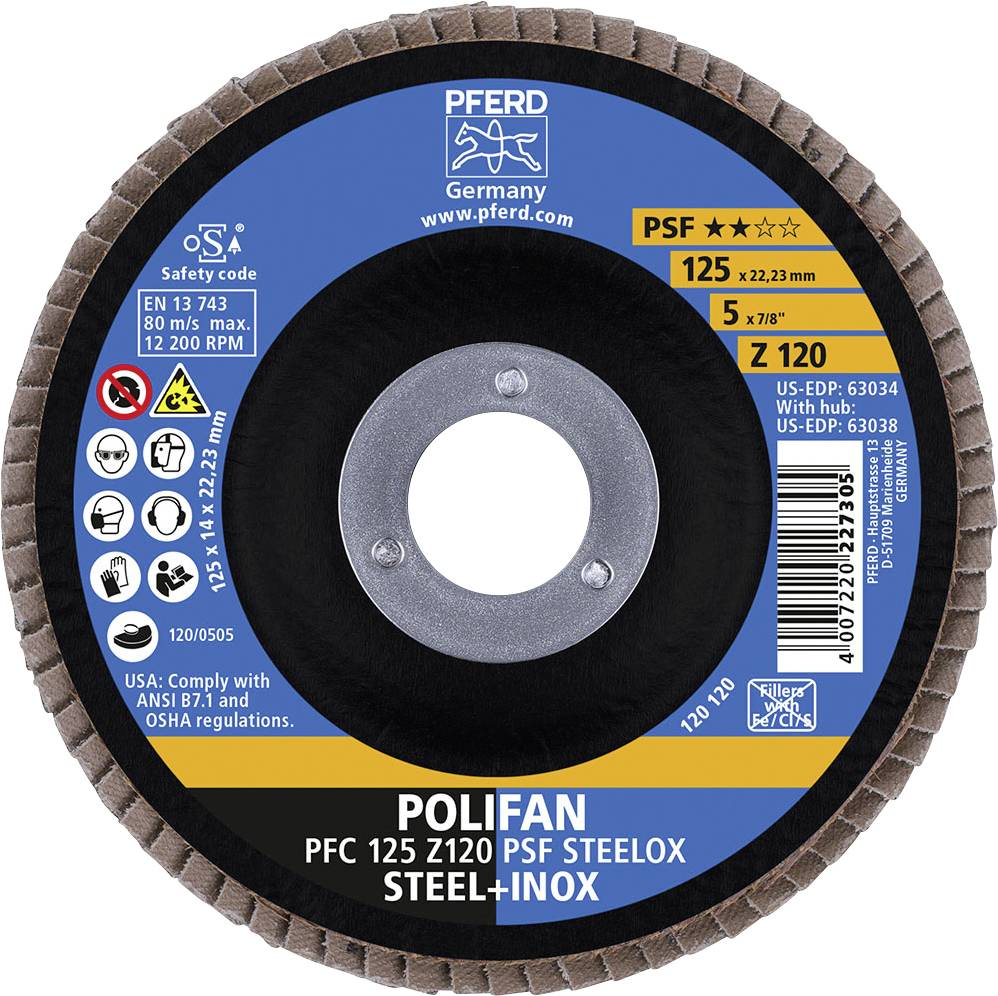Eine Polifan-Schleifscheibe für Stahl und Inox. Durchmesser 125 mm, Körnung Z120. Markenname 'Pferd' und Infos auf etikettiertem Ring.