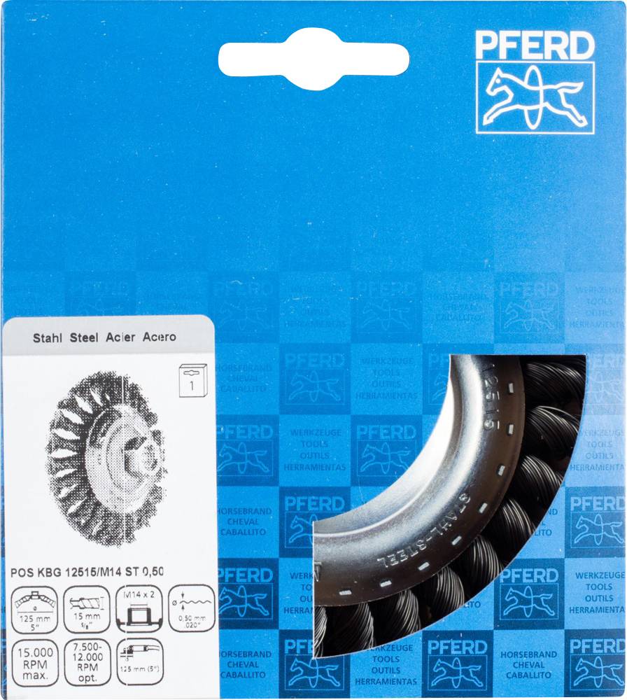 'PFERD Stahl Drahtbürste für Bohrmaschine, max. 15.000 U/min, Größe KBG 125/15/M14 ST 0,50c, Verpackung in Blau mit Logo.'