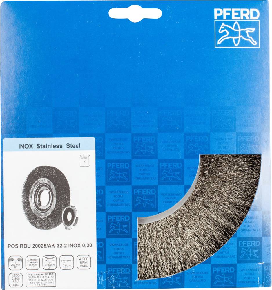 'PFERD INOX Edelstahl-Bürste' Verpackung mit großem Bild einer Rundbürste. Hauptfunktionen: Reinigen und Entgraten von Stahloberflächen.