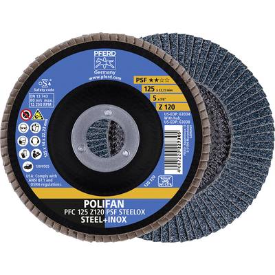 Schleifscheibe mit Etikett 'POLIFAN PFC 125 Z120 PSF STEELOX STEEL-INox', Durchmesser 125 mm, zur Bearbeitung von Stahl und Edelstahl.