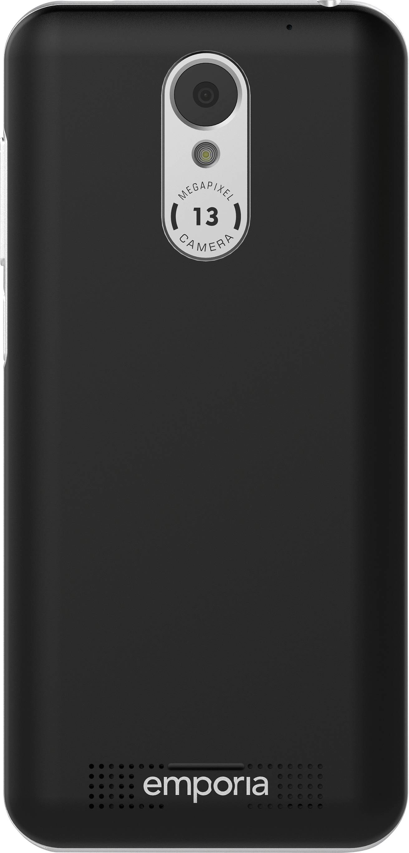 Rückseite eines schwarzen Smartphones mit 13-Megapixel-Kamera, Markenname 'emporia' unten sichtbar.