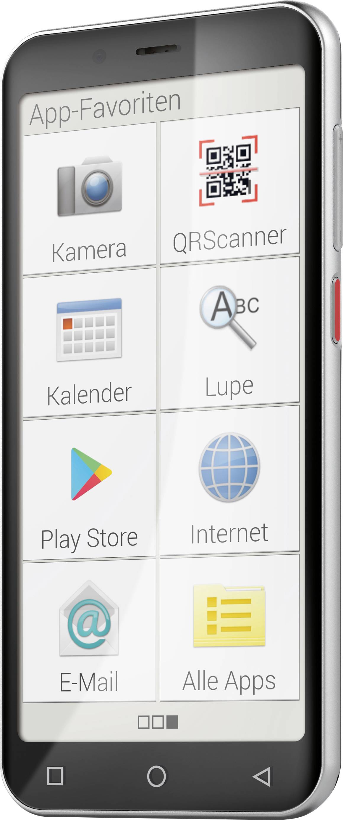 Smartphone-Bildschirm mit App-Icons: Kamera, QRScanner, Kalender, Lupe, Play Store, Internet, E-Mail, Alle Apps.