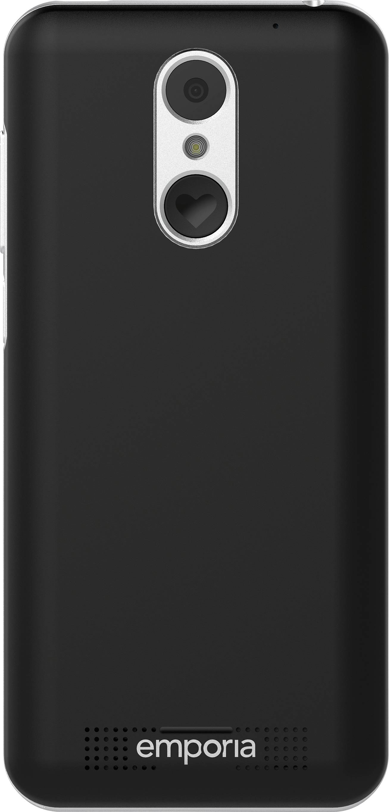 Rückseite eines schwarzen Smartphones mit vertikaler Kameralinse und Blitz. 'emporia'-Logo unten.