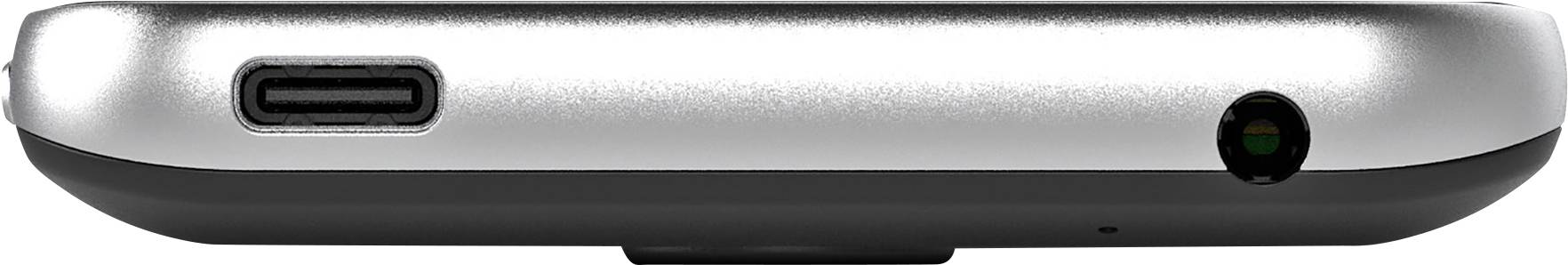 Eine silberne Metallkante eines elektronischen Geräts mit einem USB-Anschluss links und einem Audioanschluss rechts.