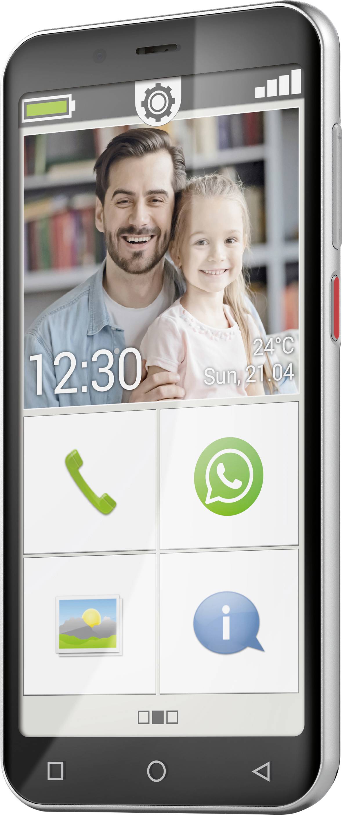 Smartphone-Bildschirm zeigt Uhrzeit 12:30, Datum 'Sun 21/04'. Icons: Telefon, Nachrichten, Foto, Info. Hintergrundbild: Mann mit Kind.
