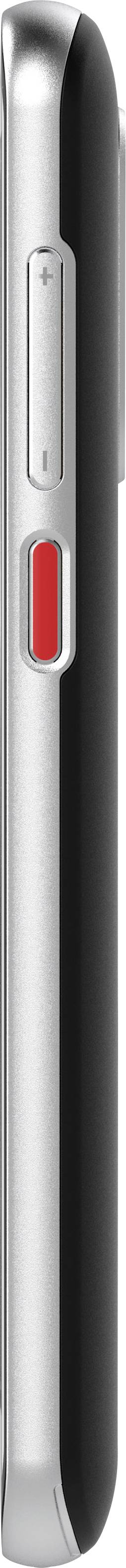 Eine Nahaufnahme der Seite eines Smartphones mit einer roten Taste und einem Flachschalter an der oberen Hälfte.