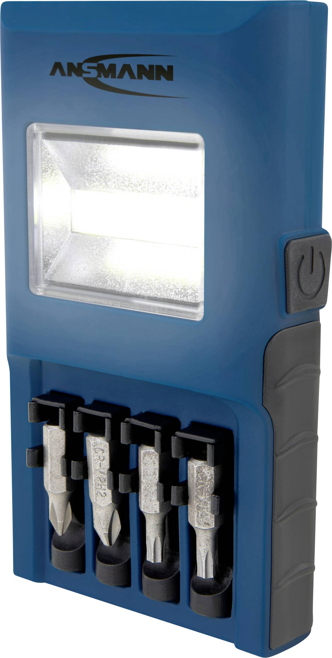 Blaue Taschenlampe mit integriertem Bit-Halter und vier verschiedenen Schraub-Bits. Markenname 'ANSMANN' oben auf der Lampe.