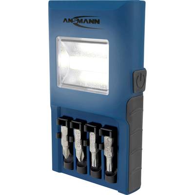Blaue Taschenlampe mit integriertem Bit-Halter und vier verschiedenen Schraub-Bits. Markenname 'ANSMANN' oben auf der Lampe.