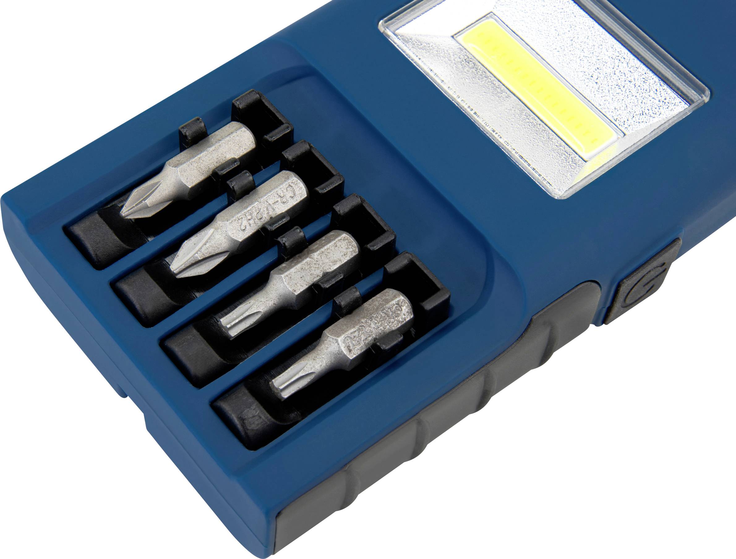 Ein blauer Schraubendreher mit vier auswechselbaren Bits und eingebautem LED-Licht.