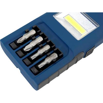 Ein blauer Schraubendreher mit vier auswechselbaren Bits und eingebautem LED-Licht.
