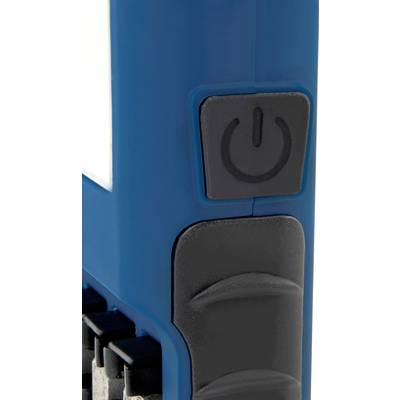 Nahaufnahme eines blauen elektronischen Geräts mit schwarzem Netzschalter und geriffeltem Griff.
