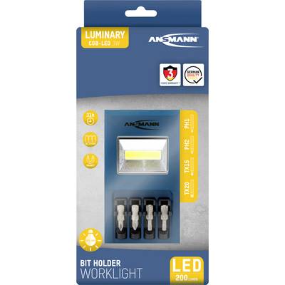 Verpackung einer LED-Arbeitsleuchte mit 3 Watt COB-LED von Ansmann. Enthält Bit-Halter und bietet 200 Lumen Helligkeit mit 31h Laufzeit.