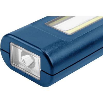 Eine blaue Taschenlampe mit rechteckigem Design und sichtbarem LED-Licht an der Vorderseite.
