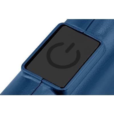 Eine Nahaufnahme eines blauen Gerätschalters mit einem schwarzen Rechteck und einem grauen Ein-/Aussymbol darauf.
