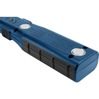 Elektronisches Messgerät in Blau mit zwei Knöpfen und CE-Kennzeichnung. Es zeigt technische Spezifikationen auf der Oberfläche.