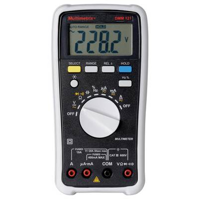 Digitalmultimeter zeigt '228.2 V' an. Tasten zur Einstellung von Bereich, Funktion und Messung.
