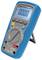 Ein blauer Digital-Multimeter mit Standfuß zeigt '0.000 V' auf der Anzeige. Verschiedene Messbereiche und Anschlüsse sind sichtbar.