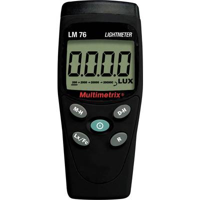 Luxmeter mit digitalem Display zeigt '0.0.0.0'. Tasten für Messoptionen und Einheitenauswahl darunter. Marke: Multimetrix.