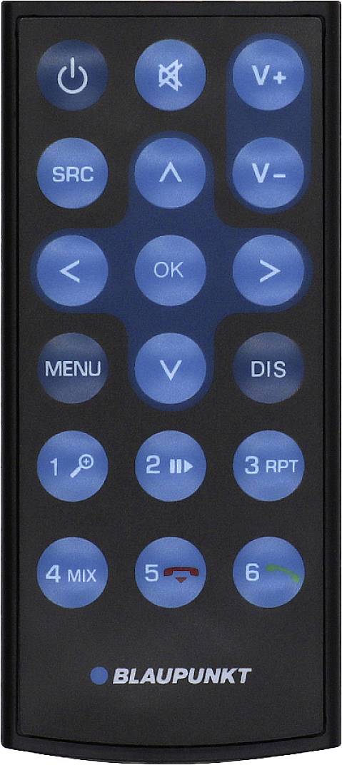 Schwarze Fernbedienung mit blauen Tasten, auf denen Funktionen wie 'V+', 'V-', 'MENU', 'OK', 'SRC' und Zahlen von 1 bis 6 angezeigt werden.