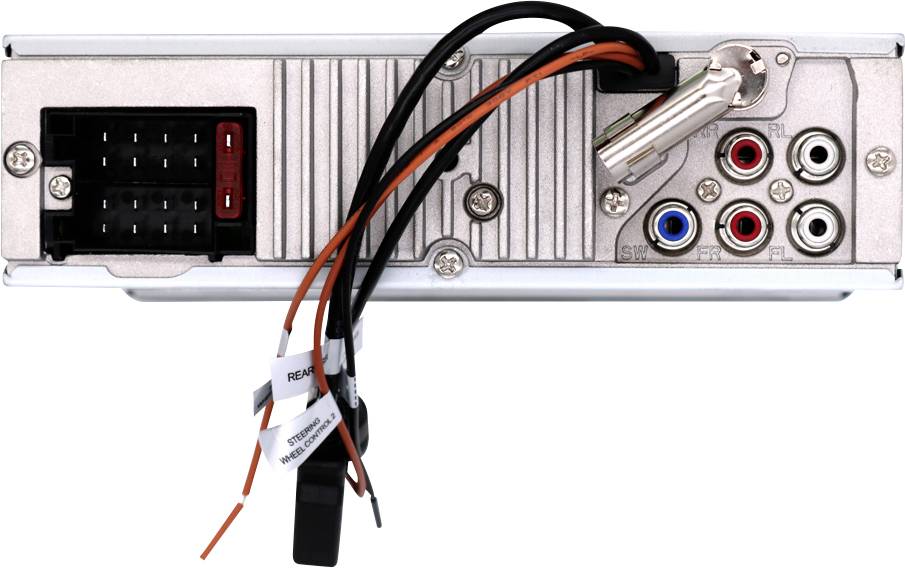 Rückseite eines Autoradios mit Anschlüssen und Kabeln für Strom, Lautsprecher und Antenne.