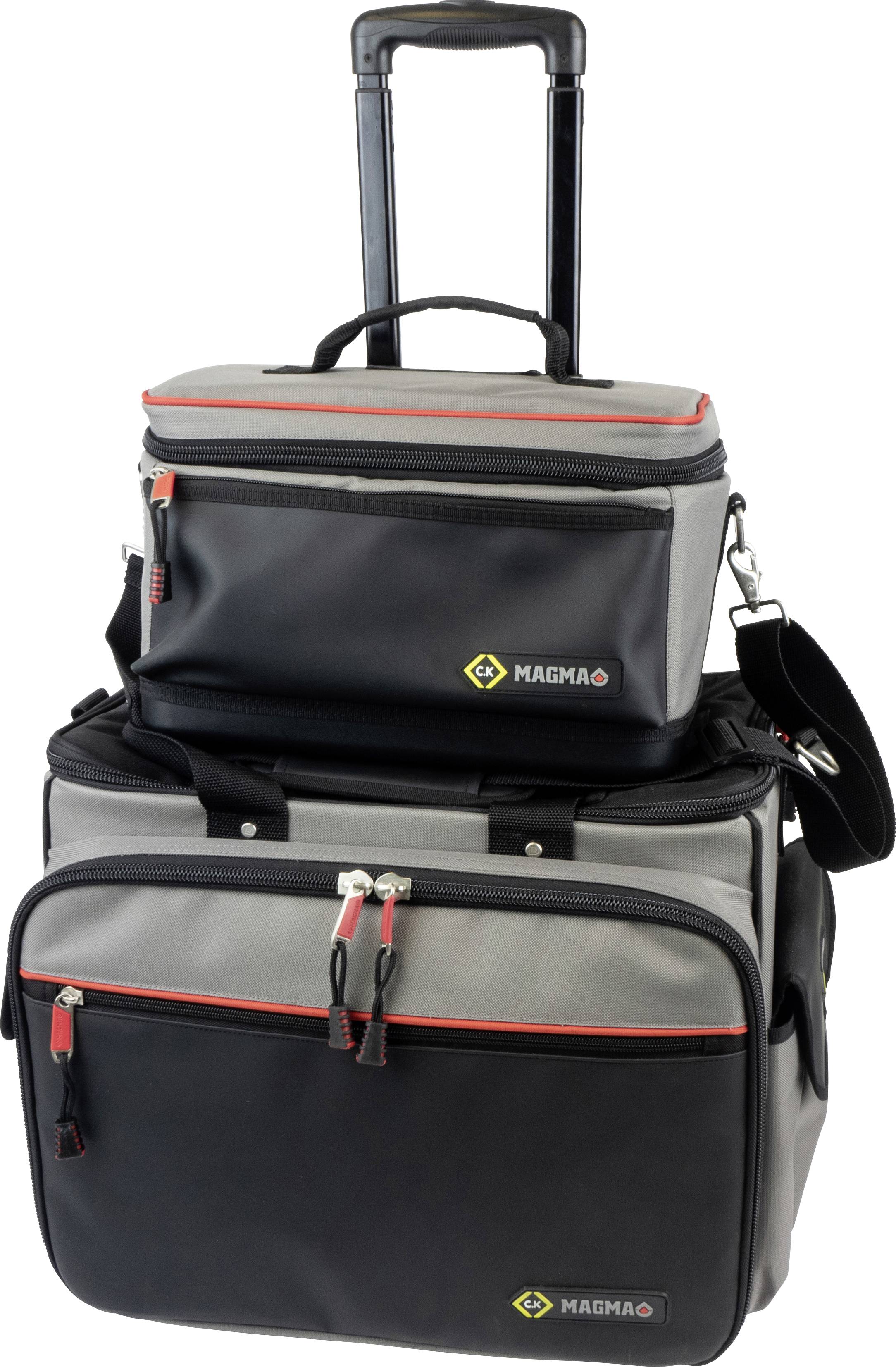 Schwarzer und grauer Reisekoffer mit Rollen und einem abnehmbaren, kleineren oberen Fach. Markantes rotes Reißverschlussdetail.