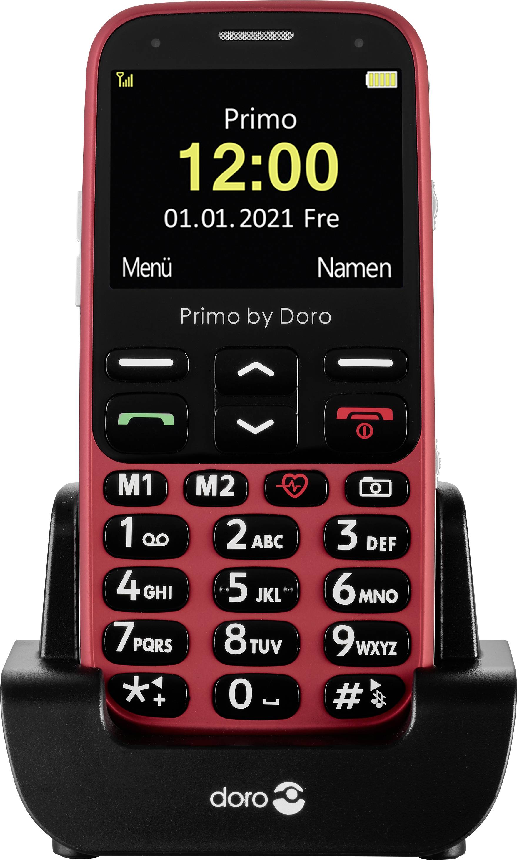 Ein rotes Mobiltelefon mit großen Tasten auf einer Ladestation. Der Bildschirm zeigt '12:00' und '01.01.2021' an.