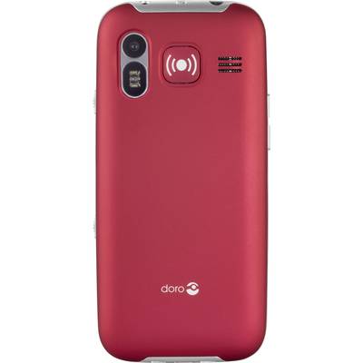 Rückseite eines roten Mobiltelefons mit Kamera, Lautsprecher und SOS-Taste.