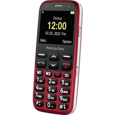 Rotes Handy mit Tasten und Display. Zeigt 'Primo', Zeit '12:00', Datum '01.01.2021 Fre'. Große Zifferntasten, einfache Bedienung.