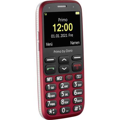 Rot-schwarzes Tastenhandy mit großem Display, zeigt '12:00, 01.01.2021', große Zifferntasten und Menünavigation; geeignet für einfache Telefonie.