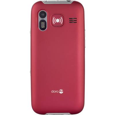 'Rückseite eines roten Mobiltelefons mit Kamera, Lautsprecher und Notfall-Knopf in der Mitte. Marke "doro" unten sichtbar.'