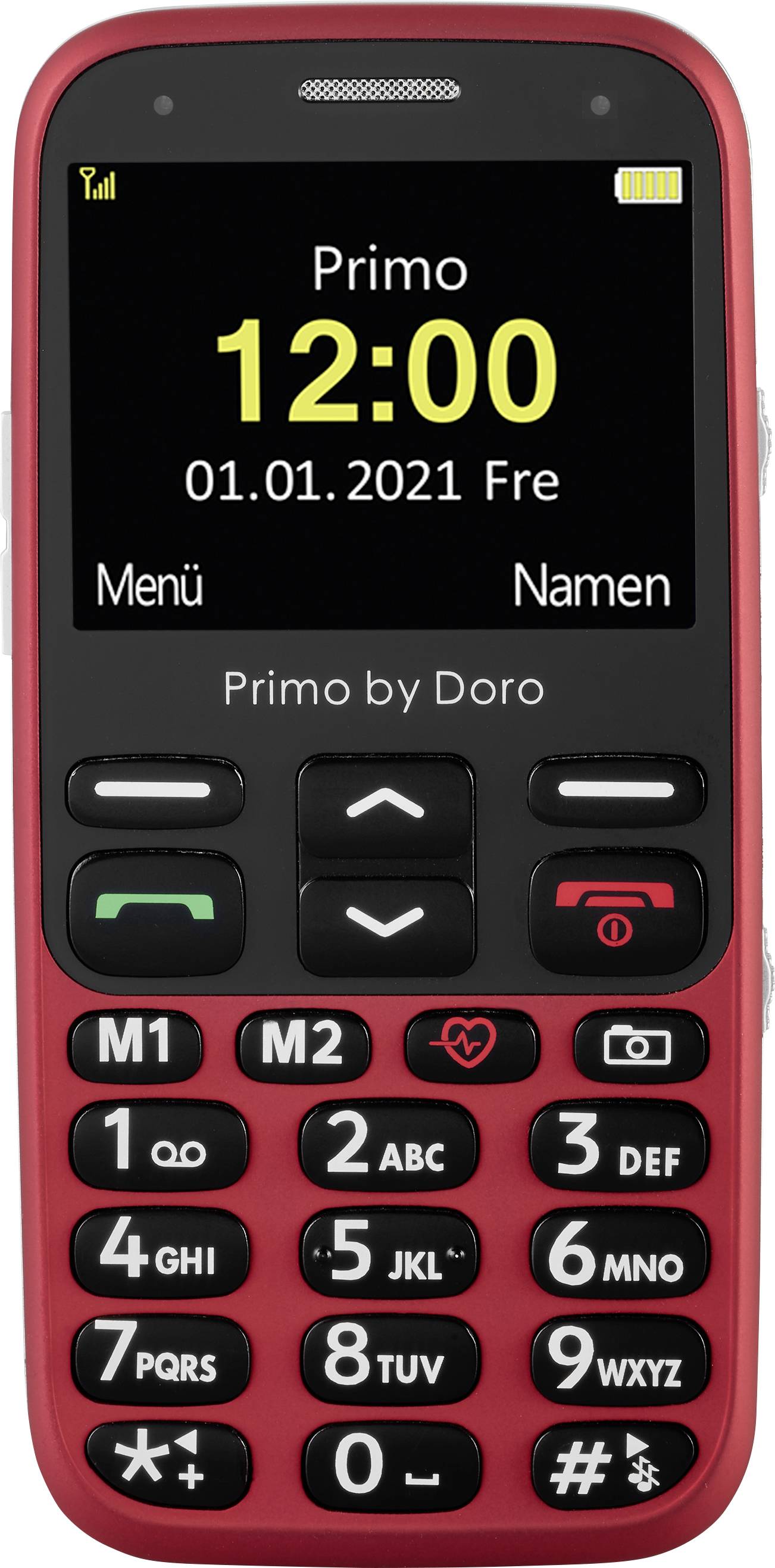 Einfaches rotes Mobiltelefon mit großem Display. Zeigt die Uhrzeit '12:00' und Datum '01.01.2021 Fre'. Tasten mit großen Zahlen.