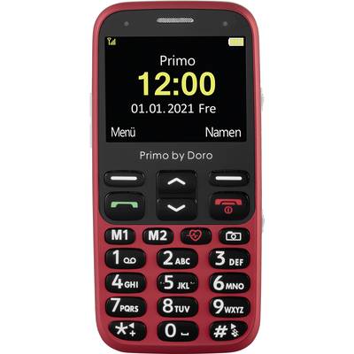 Einfaches rotes Mobiltelefon mit großem Display. Zeigt die Uhrzeit '12:00' und Datum '01.01.2021 Fre'. Tasten mit großen Zahlen.